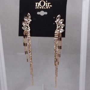 Dangle Pierce Earrings Gold Tone Rhinestones Noir